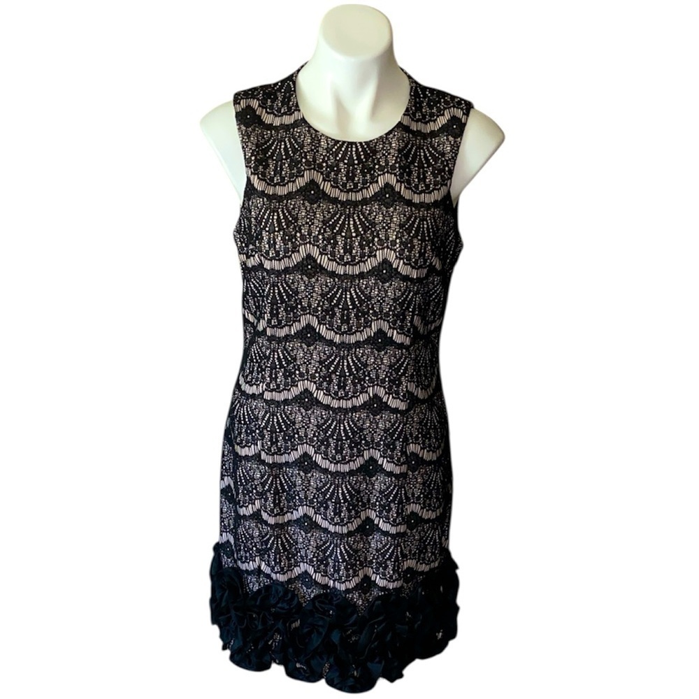 Donna Ricco Women’s Black Lace Sleeveless Dress With Ruffled Hem Size Medium